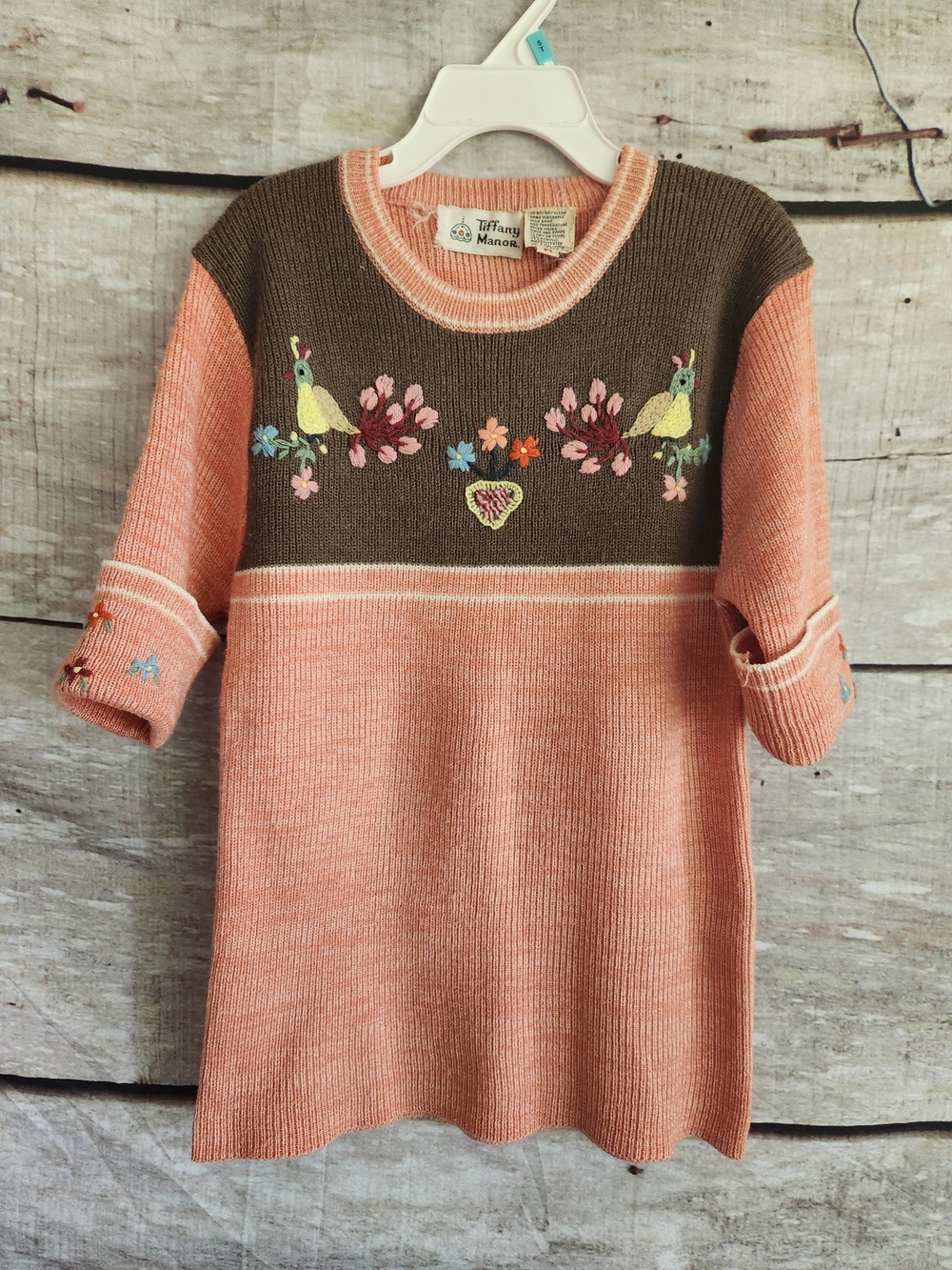 Vintage Peach and Brown Embroidered Bird Girls Sweater Dress